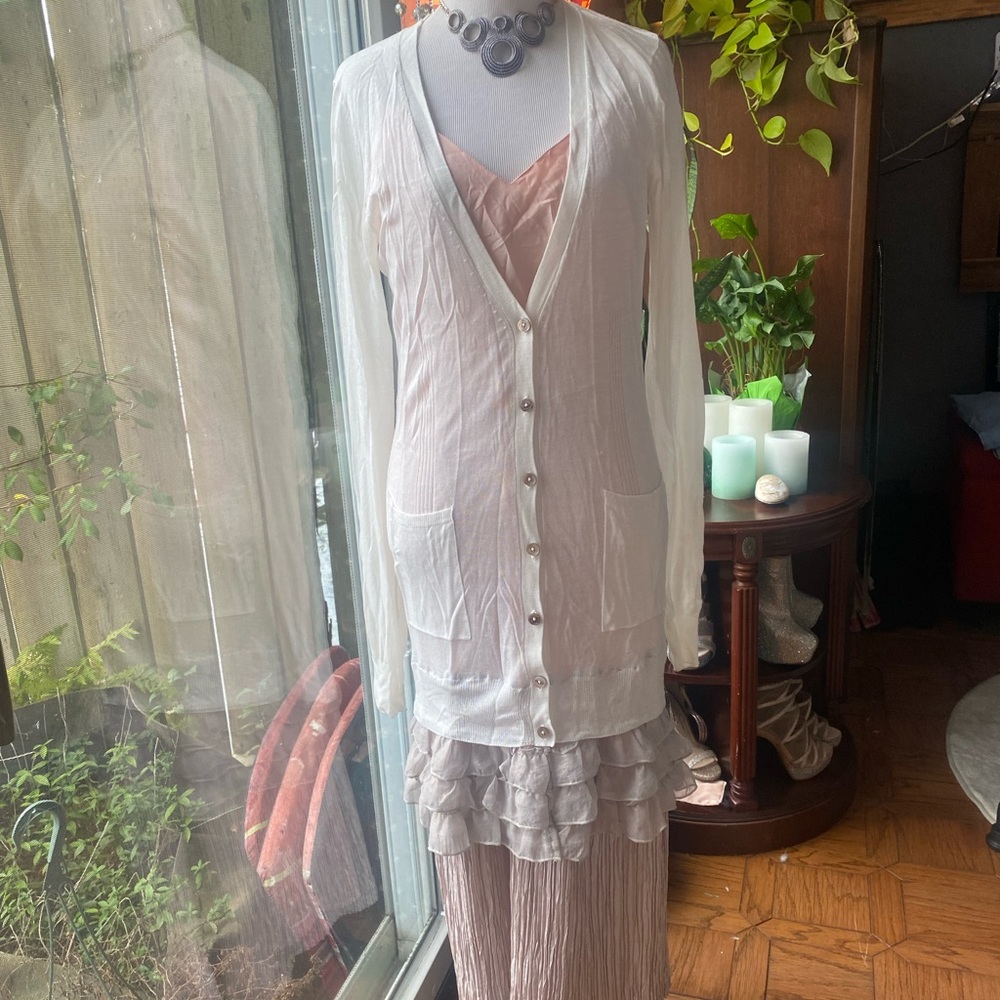 Romantic Pale Mixed Media Slip Dress and Cardigan SemiSheer Ruffled Crinkled Y2K